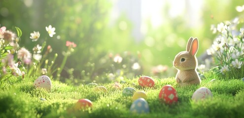 Rabbit among colorful Easter eggs in a sunlit garden during springtime