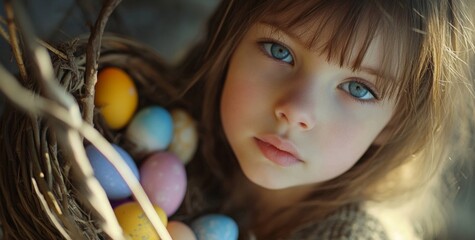 Young girl holds colorful Easter eggs in a basket, smiling warmly against a softly blurred background