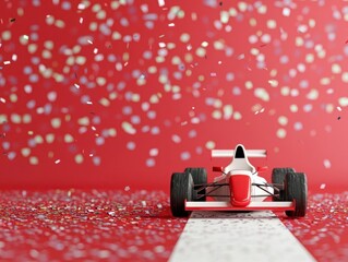 Naklejka premium Racing car crossing the finish line with confetti, 3D illustration