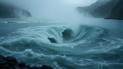Dramatic Saltstraumen Maelstrom, Abstract Seascape of Whirlpools and Turbulent Tidal Flow in Nordland, Norway