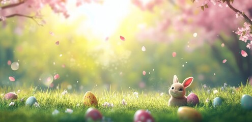 Rabbit among colorful Easter eggs in a sunlit garden during springtime