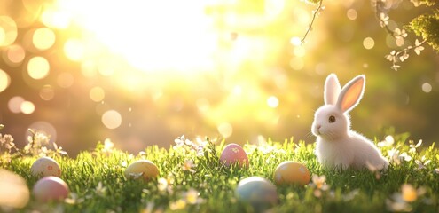 Rabbit among colorful Easter eggs in a sunlit garden during springtime