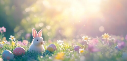 Rabbit among colorful Easter eggs in a sunlit garden during springtime