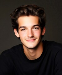 Obraz premium Young man smiling confidently, wearing black t shirt, radiating friendly demeanor and professional presence