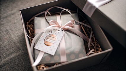 Elegant gift box with pink ribbon and festive tag on rustic background