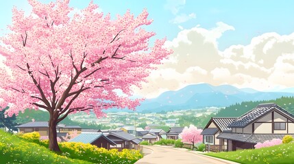 A magnificent and beautiful cherry blossom tree standing alone, with a peaceful and beautiful view of a Japanese village