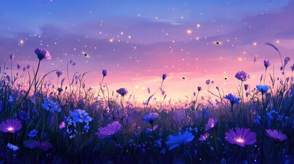 Twilight Meadow Cosmos Flowers Glow Fireflies