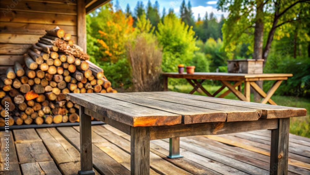 Poster rustic wooden table on a deck, with a pile of logs in the background and a blurred view of trees bey