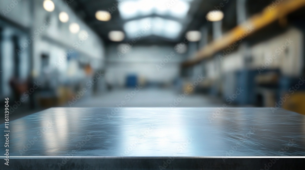 Poster blurred background of an industrial workshop with empty surface
