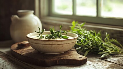 Fototapeta premium Lettuce soup served in a vintage ceramic bowl, placed on a rustic chopping board with fresh greens and herbs