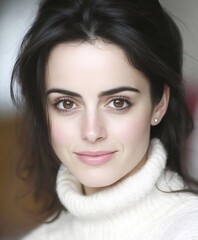 Naklejka premium Close up portrait showing cheerful young woman with dark hair, brown eyes, wearing white turtleneck sweater
