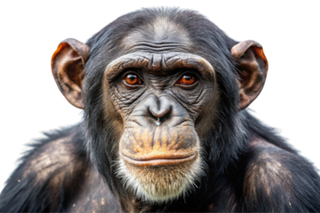 High resolution chimpanzee face portrait capturing vivid details, expressive features, and a thoughtful expression.