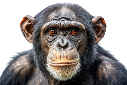 High resolution chimpanzee face portrait capturing vivid details, expressive features, and a thoughtful expression.