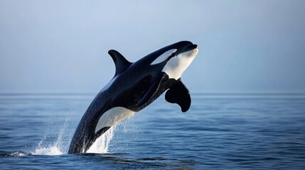 Fototapeta premium Orca whale leaping from ocean water.