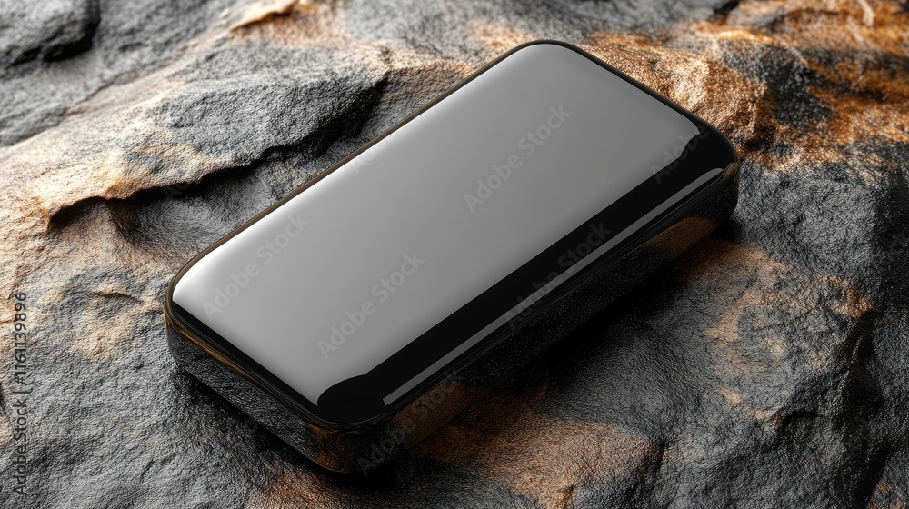 Poster sleek black rectangular object rests on a rugged stone surface.