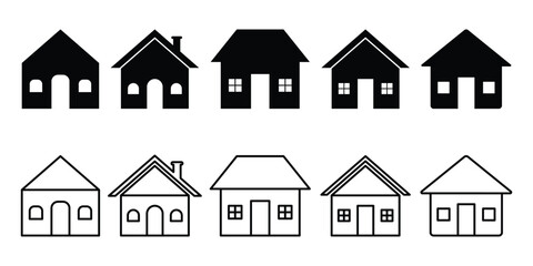 House icon with lines and simple design. Black and white house icon with chimney. Real estate house icon. Flat house icon. Abstract house icon set on white background.