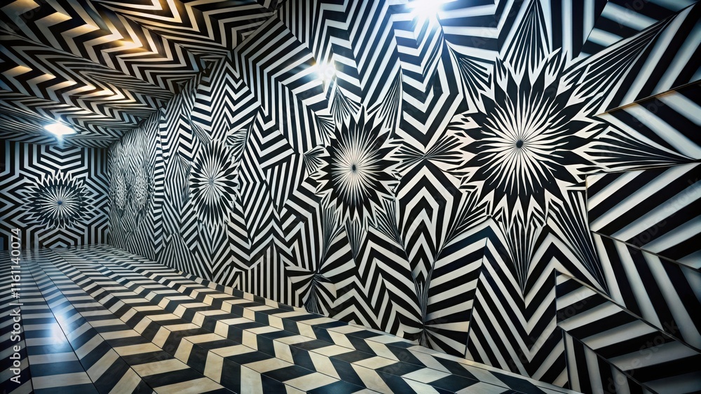 Poster a mesmerizing corridor with black and white striped walls and floor, creating a dynamic and illusion