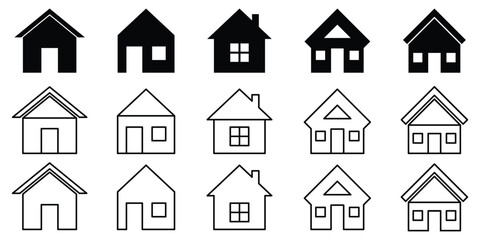 House icon with lines and simple design. Black and white house icon with chimney. Real estate house icon. Flat house icon. Abstract house icon set on white background.