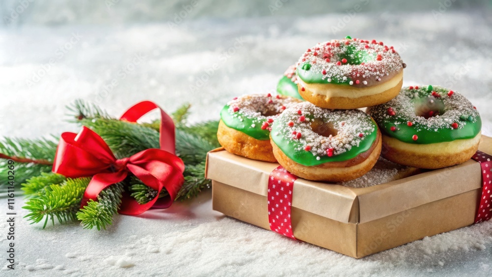 Poster festive green glazed donuts with red sprinkles in a box decorated with a red bow and fir branches