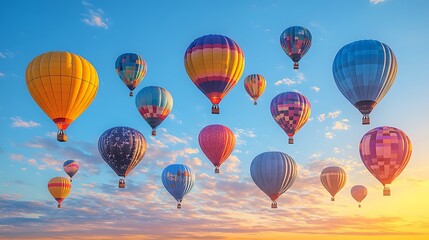 Obraz premium Colorful Hot Air Balloons Soar Across a Sunset Sky