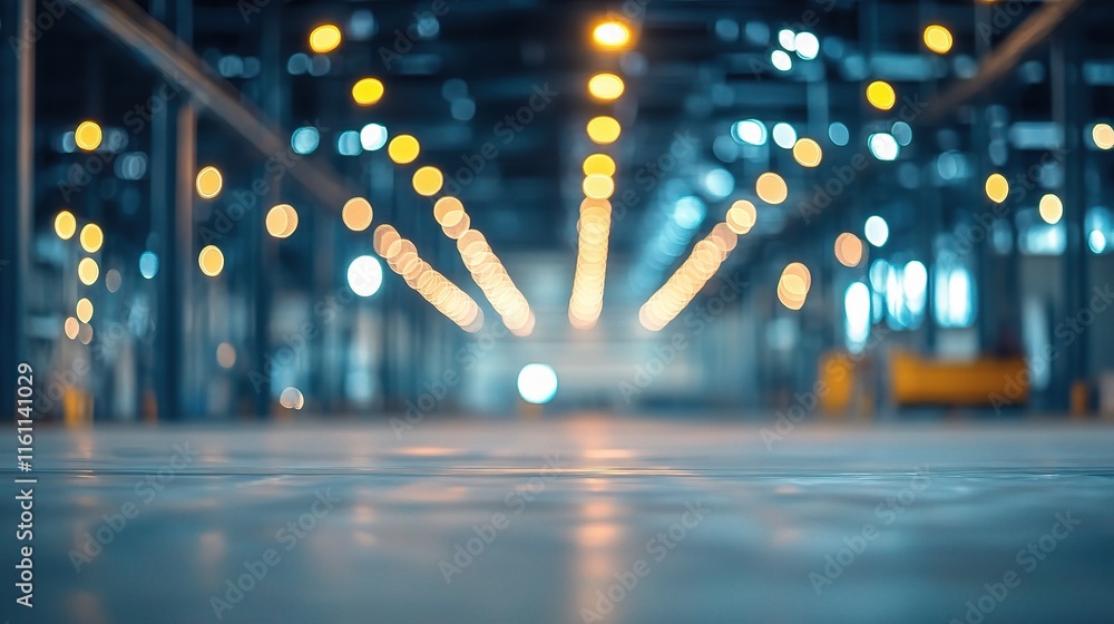 Poster blurred view of warehouse with soft lights in background