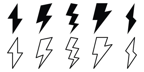 Flash thunder power icon. Black flash lightning icon. Electric symbols. Bolt lightning flash icons. Energy and thunder lightning bolt silhouette on white background.