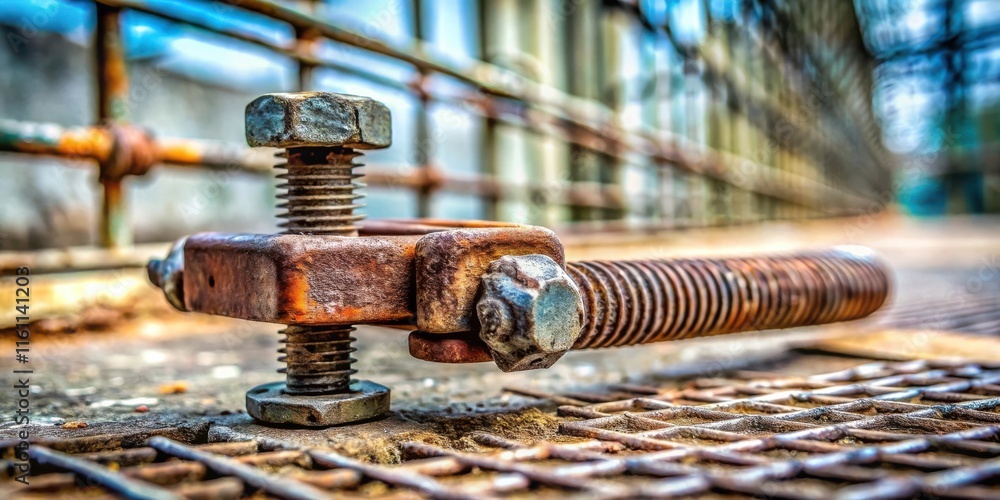 Poster a closeup of a corroded metal bolt and nut connected to a rusted metal framework, showcasing the wea