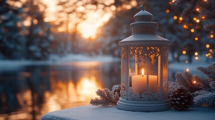 White lantern with candle glows at snowy winter sunset by frozen lake.