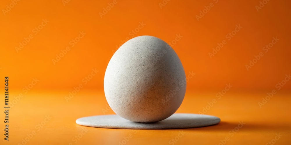 Poster a white egg with a textured surface sits on a small round platform against a vibrant orange backgrou