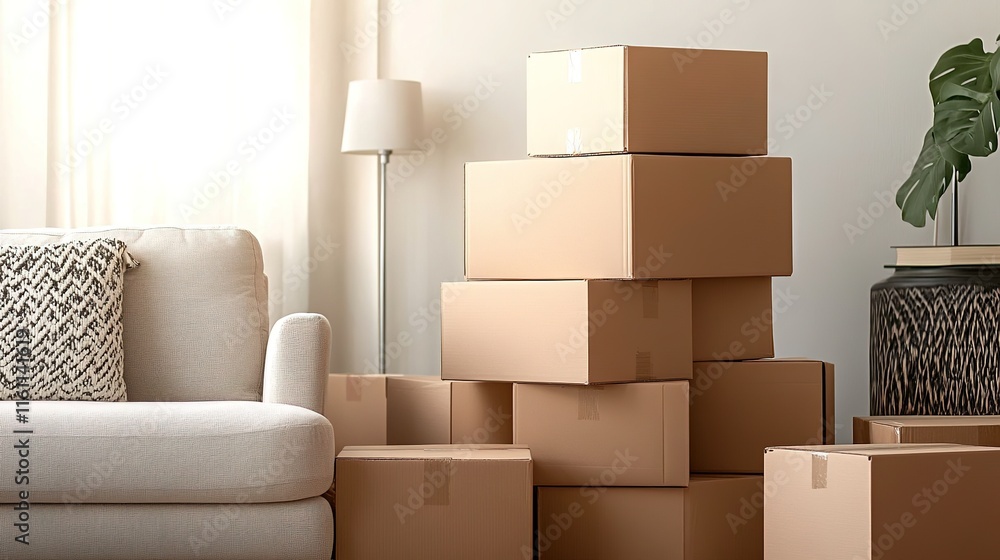Poster stack of moving boxes in new living room with couch and decor leaving ample space for additional cop