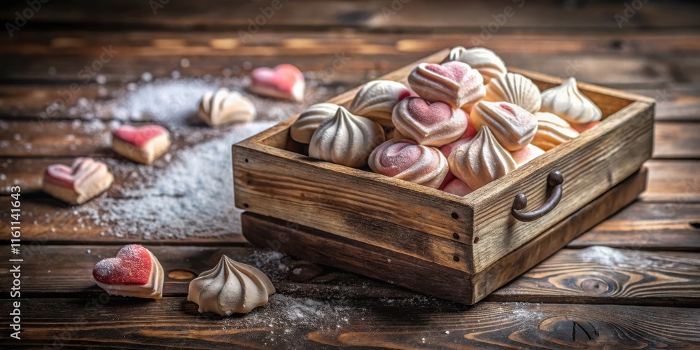 Aufkleber heart-shaped meringue cookies in a wooden box with powdered sugar on a rustic wooden background