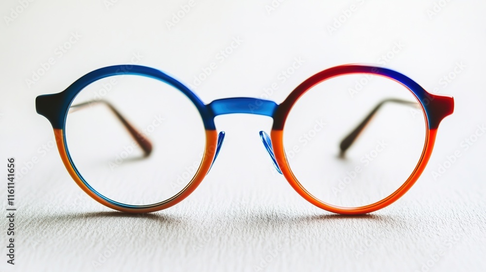 Poster vibrant pair of retro round glasses with colorful frames displayed on matte white surface under diff
