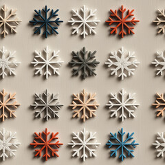 Seamless Pattern, Playful multicolored snowflakes on a neutral beige canvas, A vibrant collection of snowflake designs in various colors, perfect for winter-themed projects or seasonal decor.