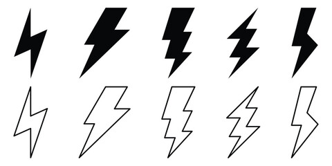 Lightning bolt icons set isolated on white background.