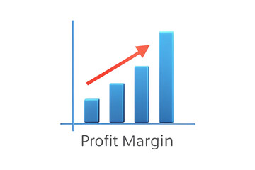 Profit margin bar graph with upward arrow on white background, representing financial growth and success. Financial profit margin chart with blue bars and red arrow. signifying business performance.