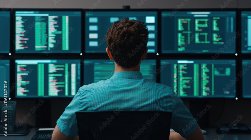 Poster inventory management order planning. a person analyzes data on multiple screens in a tech-focused en