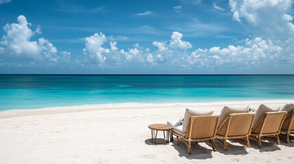 Relaxing chairs on a white sandy beach, overlooking blue calm ocean and vast sky