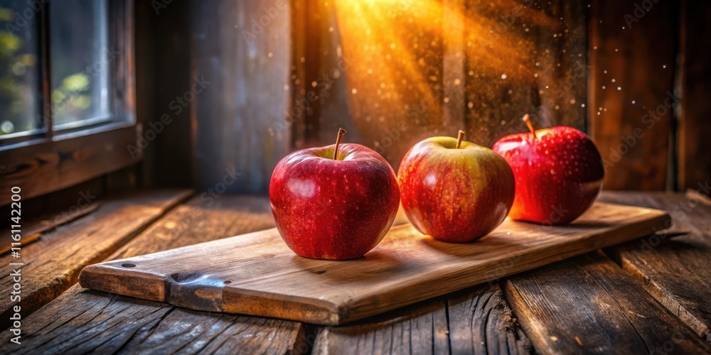 Poster three red apples arranged on a wooden cutting board, bathed in a warm, golden light that creates a s