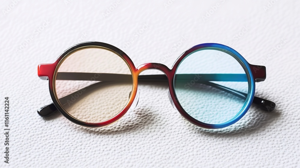 Poster vibrant pair of retro round glasses with colorful frames displayed on matte white surface under diff