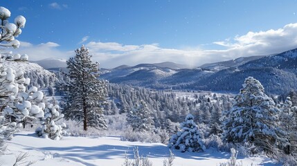 Fototapeta premium A snowy landscape with trees covered in snow