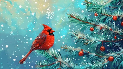 A vibrant red cardinal perched on the edge of an evergreen tree