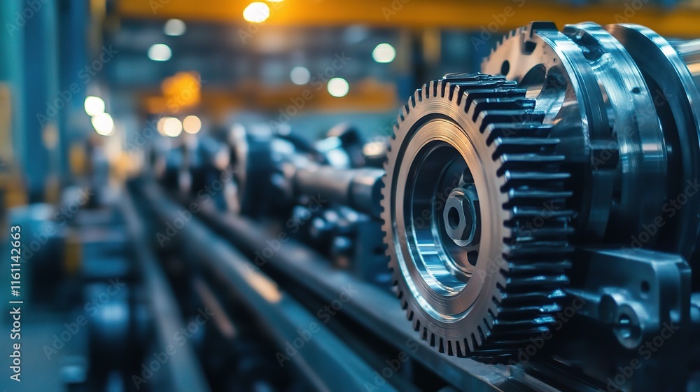 Poster close-up of engine gear and wheels in motion in factory setting