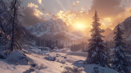 Sunrise over snow-covered mountains with pine trees 