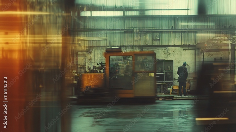 Poster blurred motion in factory workshop scene with machinery in action