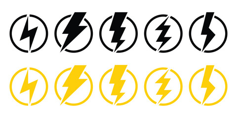 Naklejka premium Black and yellow thunder bolt vector icon. Lightning symbol. Power energy sign lightning bolt icon.