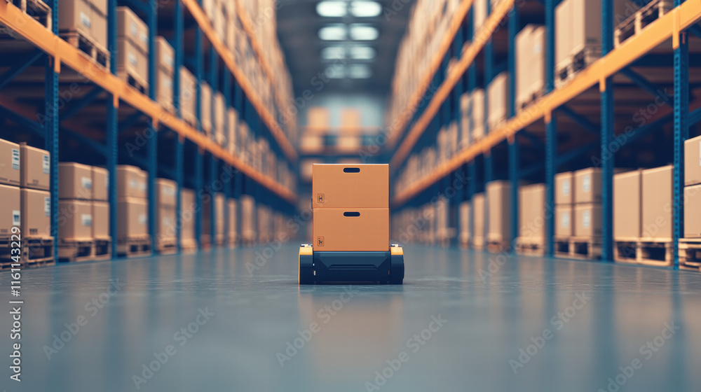 Poster inventory management order planning. automated cart navigating through a warehouse filled with stack