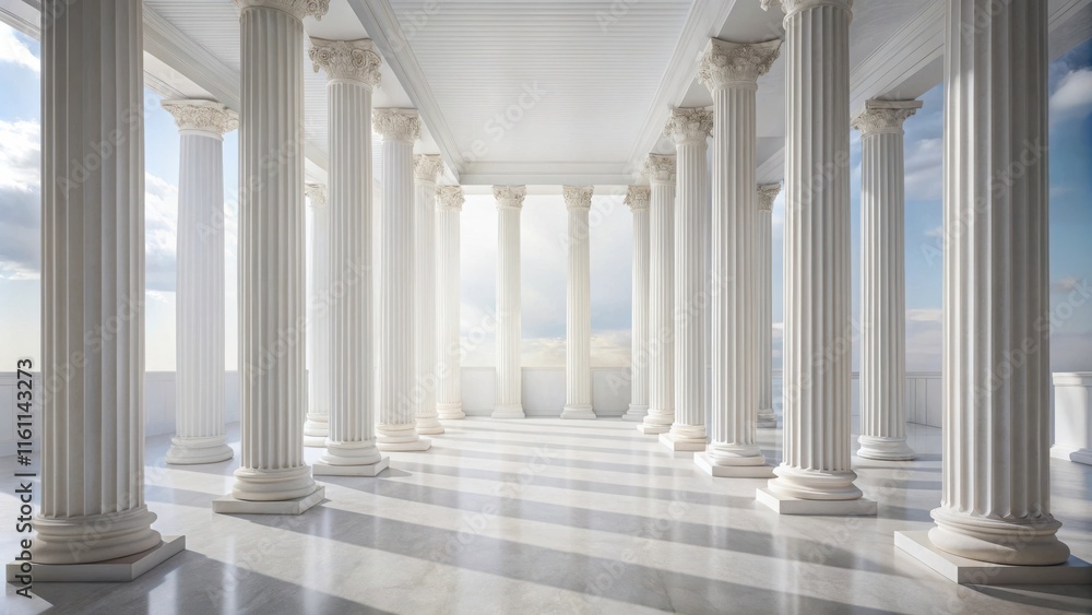 Poster A row of majestic white pillars extending towards a bright, blue sky, casting long shadows across the gleaming marble floor.
