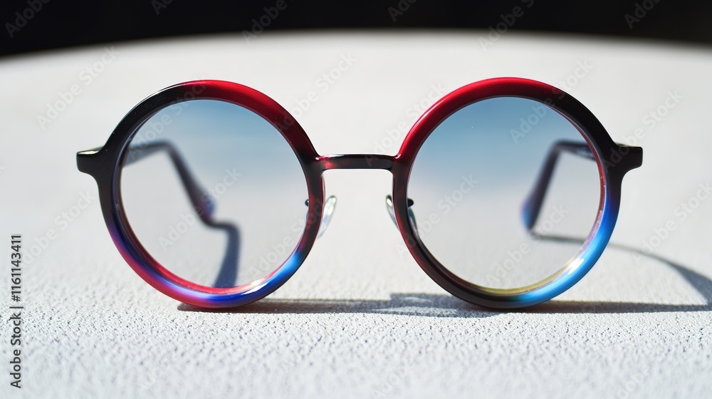 Poster vibrant pair of retro round glasses with colorful frames displayed on matte white surface under diff