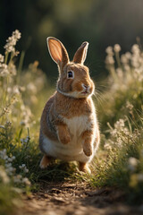 Fototapeta premium Cute bunny jumping in the grass. Adorable animal portrait in nature. Perfect for children's projects, cards and illustrations. Natural light and warm atmosphere