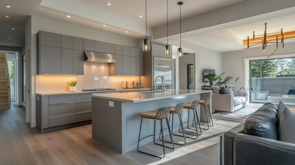 A contemporary open kitchen featuring a soft gray island, modern bar stools, and warm under-cabinet lighting